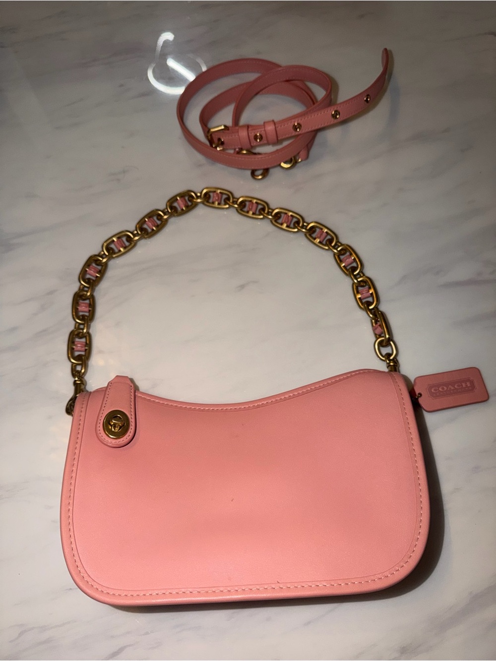 Coach Pink Swinger Leather Shoulder Bag with Chain Strap